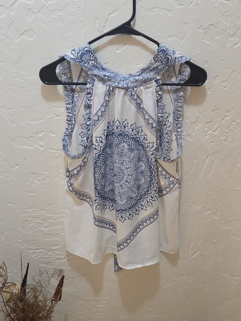 1. State White and Blue Halter Medallion Print Halter Top